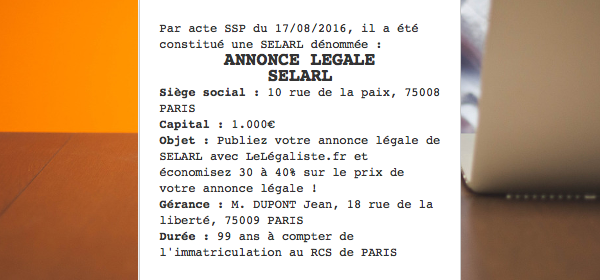 annonce legale selarl